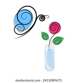 Stilvolles Bild von Schmetterling und Rose in einem transparenten Behälter mit Wasser in trendigen Markerfarben