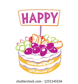 Stylized image of a cake with fruits and berries. Vector illustration.Vector design element, logo, label, badge for business. Vector illustration