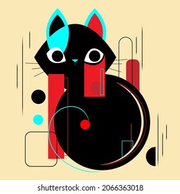 Stylized image of a cat with geometric elements of red, black and birch colors
