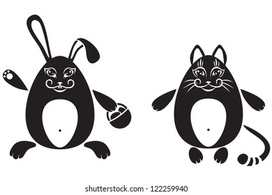 The stylized image of a cat and a rabbit with a basket