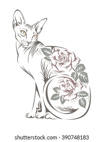 Stylized image of a cat sphinx breed with flowers on the back. Stencil for your design