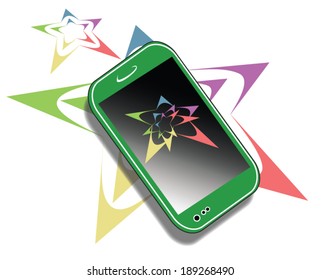 A stylized image of a cell phone with stylized multicolored images of  stars in front of, behind and above the phone.