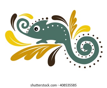 a stylized image of a chameleon, sitting on a branch in the leaves
