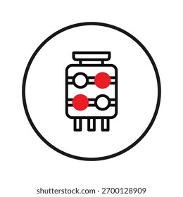 Uma imagem estilizada de um elemento de circuito é apresentada dentro de um círculo preto forte. O ícone em si apresenta contornos em preto e destaques vermelhos vibrantes, oferecendo uma representação elegante da tecnologia,
