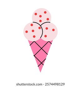  A stylized image of a cone with three scoops of pink ice cream with red dots. Suitable for summer designs, desserts, children's illustrations and ice cream advertising.