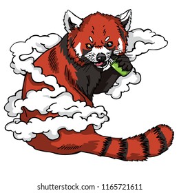 The stylized image of cute  a red panda with the device for vaping in his hands. Red bear-cat in the smoke clouds
