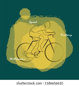 A stylized image of a cyclist on an abstract colored background with inscriptions - speed, victory, willpower. Vector illustration
