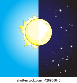 The stylized image of the day and night, sun and moon. Vector illustration.
