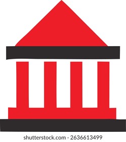 A stylized image depicting a building with a red triangular roof and four red columns supported by a black base. The design is minimalist and geometric.