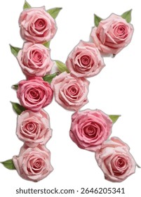 A stylized image depicts the letter "K" formed by a collection of pink roses with visible leaves, arranged artfully against a stark white background.
