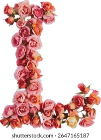 A stylized image depicts the letter L formed by a cluster of pink and orange roses, creating a visually appealing and romantic representation of the letter.