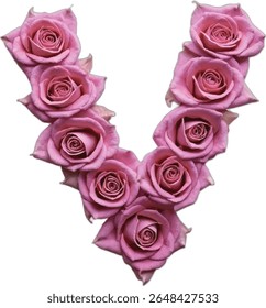 A stylized image depicts the letter "V" formed by multiple pink roses, each rose meticulously detailed, creating a visually appealing and elegant design.