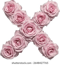 Uma imagem estilizada retrata a letra "x" formada por várias rosas rosa-claro, criando um design visual atraente e romântico.