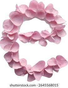A stylized image depicts the lowercase letter "e" formed from pale pink petals, creating a floral and delicate design.