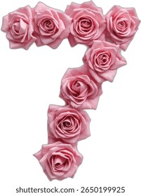 A stylized image depicts the number "7" seven formed by arranging multiple pink roses, each rose exhibiting a detailed, almost painterly texture, against a stark white background.