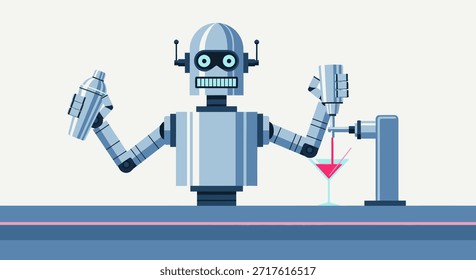 Ein stilisiertes Bild zeigt einen Barkeeper, der einen Cocktail gekonnt zubereitet. Der Roboter mit seiner metallischen Oberfläche und seinem futuristischen Design wird gesehen, wie er einen Shaker hält und ein Getränk in einen Martini gießt