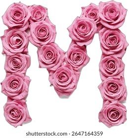 Uma imagem estilizada retrata a letra maiúscula 'M' formada por um arranjo de numerosas rosas rosa-claro, cada rosa meticulosamente detalhada, criando uma representação visualmente atraente e romântica