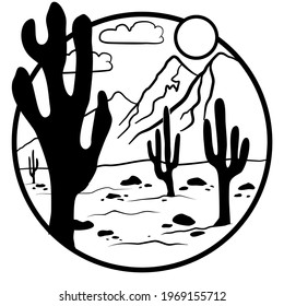 The stylized image of the desert. Sun, mountains, cacti. Round emblem.