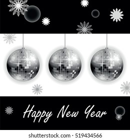 stylized image of disco balls with snowflakes on a black and white background