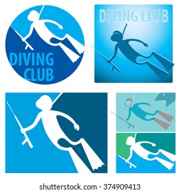 Stylized image of a diver under water. Suitable for emblem or logotype. Set of vector illustrations