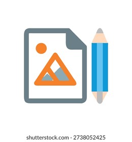 Stylized image of a document with a mountain graphic and a pencil in a flat design style.