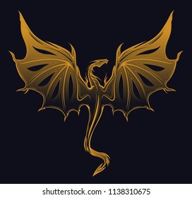 Stylized image of Dragon silhouette in black and golden colors. Line vector illustration with gradient elements template for print, mascot, emblem, icon.