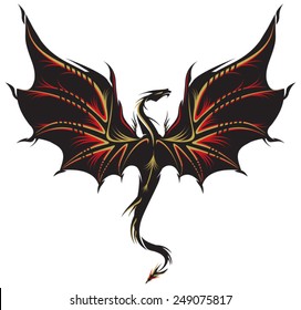 Stylized image of Dragon tattoo in black, golden and red.