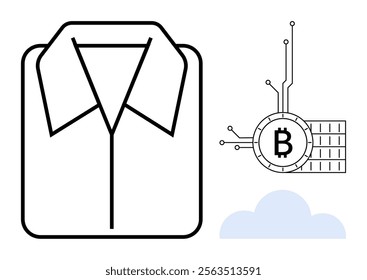 Stylized image of a dress shirt beside a Bitcoin symbol integrated with digital circuitry over a blue cloud. Ideal for business technology, cryptocurrency, digital economy, tech integration, modern