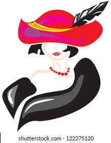 The stylized image of an elegant lady in a hat with a feather and fur boa