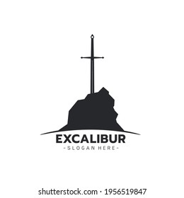 Stylized image of Excalibur logo template, Excalibur silhouette tattoo,Sword in stone Excalibur concept on white background Vector illustration