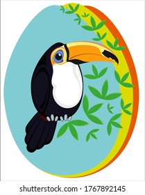 A stylized image of an exotic toucan bird based on the shape of an egg.