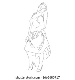 Stylized image of a fashionable woman in a dress. Close-up of a happy girl with long hair. Line art. Drawn by hand. Vector illustration