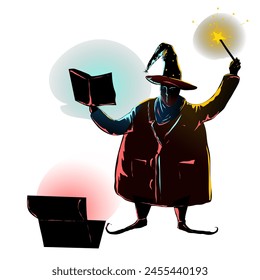 Stylized image of a fat black wizard conjuring with a magic stick while opening a magic book. Vector illustration A sorcerer is standing near a glowing chest and is conjuring something. Stylized in