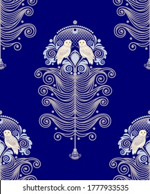 The stylized image of a feather and a white owl. Vector graphics. Seamless pattern