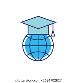 Stylized image featuring a globe with a graduation cap, symbolizing global education. The design is flat and minimal.