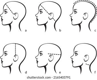 Imagen estilizada de una cabeza femenina. Plantilla para seleccionar el tamaño de una peluca o sistema capilar para mujeres. Gráfica de tamaño de medición. Ilustración vectorial aislada en fondo blanco.