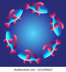 Stylized image of fish swimming in the sea. Circular composition