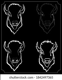 Stylized image in four versions of the bison head in white on a black background