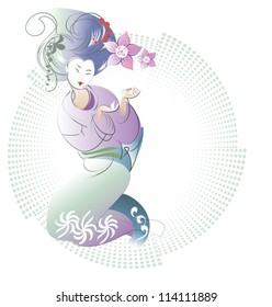 Stylized image of a geisha sitting on a light background