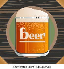 a stylized image of a glass of beer and an inscription of beer on the background of a wooden table