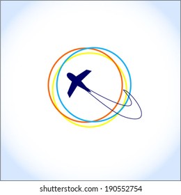 The stylized image of the globe and airplanes on white background, vector, icon