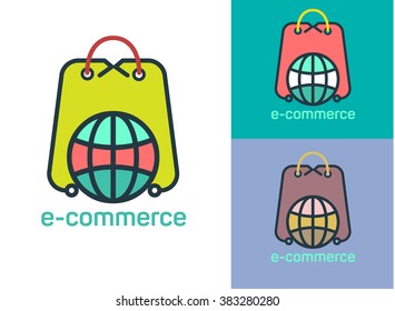 The stylized image of a globe and a package. Shop Logo Design Template. Online store logo