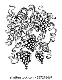 
stylized image of grapes, isolated. The label on the bottle of wine, decorative feature printed materials, printing on T-shirts, design element wine list, tattoo vine illustration winding branches
