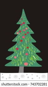 Stylized image of a green Christmas tree on a black night background. For Christmas cards and children's books
