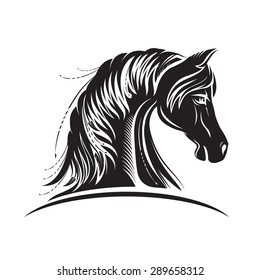 Stylized image of Horse head in black and white. Vector illustration. Works well as a tattoo, icon, emblem, print or mascot.