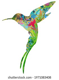 The stylized image of a hummingbird bird. Inside there are bright flowers and insects. Vector illustration, isolated object 