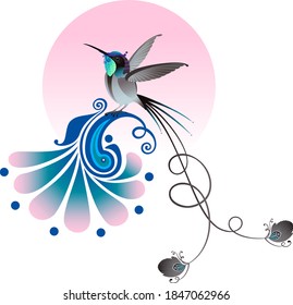 The stylized image of a hummingbird sitting on a flower. Decorative element. Design element. Vector graphics