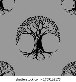 A Stylized Image Of A Igdrasil Tree In A Circle. Made In Linocut Technique