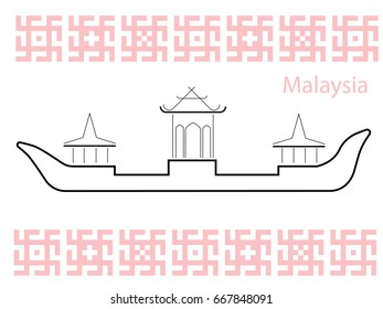 A stylized image of an Indian ship against the backdrop of a Malaysian ornament. Stylized ancient ship