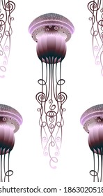 The stylized image of a jellyfish. Seamless pattern. Wallpaper. Vector graphics